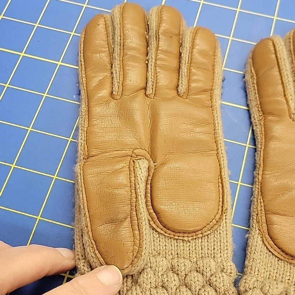 Leather & Knit Gloves Beige & Brown